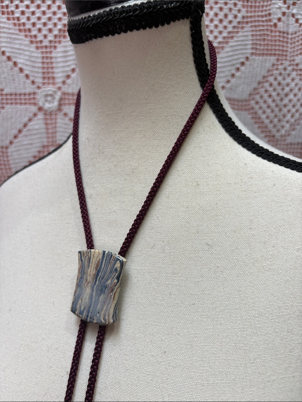 Vintage Ceramic Slide Tassel Necklace Boho Cord Necklace
